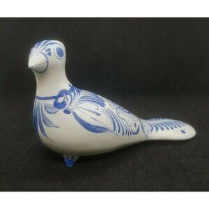 Tonala Mexican Pottery Blue and White Bird Owl Animal Figural Figurine